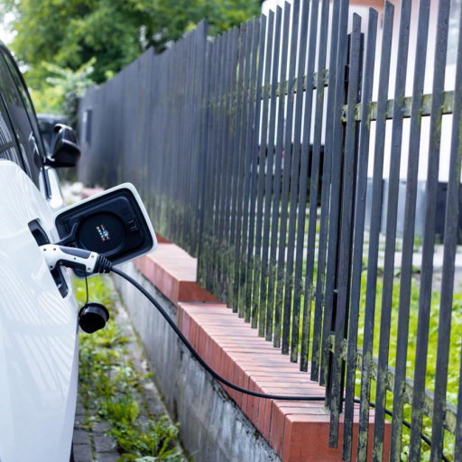 Free stock photo of a home EV charging setup beside a driveway fence