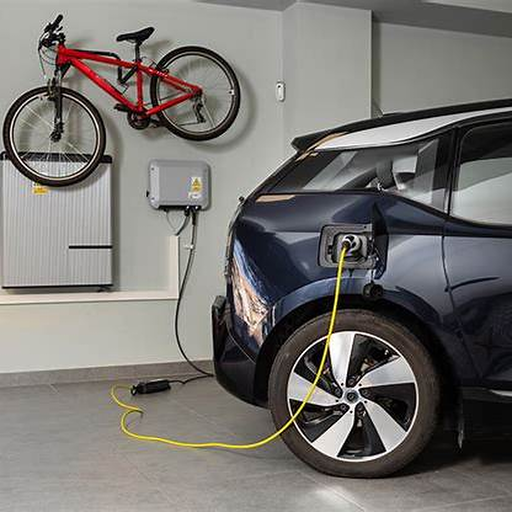 EV charging setup in a garage with a vehicle and bicycle storage