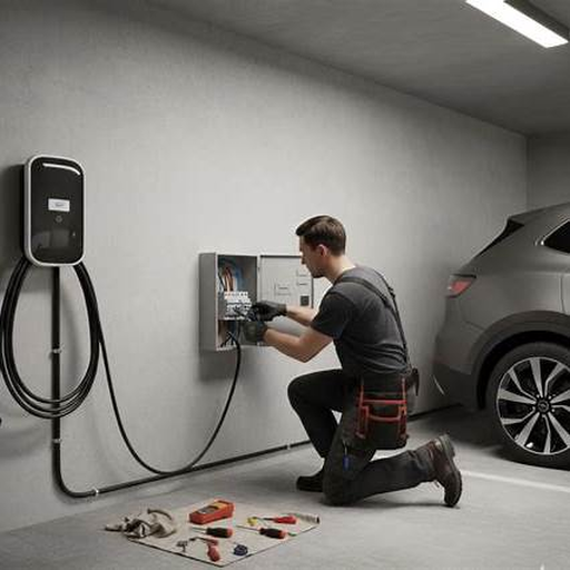 Installer working beside an EV charger and electric vehicle in a garage